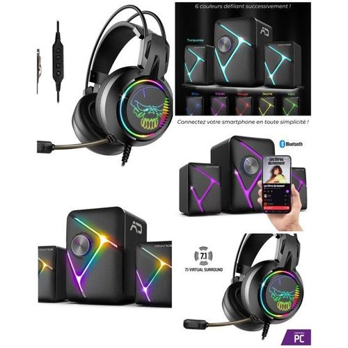 ENCEINTES 2.1 PC/MAC RGB 11W RMS Bluetooth 5.0 rétro-éclairage RGB + Casque gamer PC 7.1 VIRTUAL SURROUND SOUND