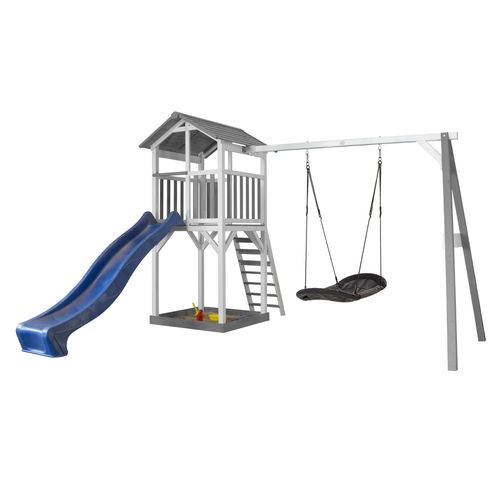 Axi Structure De Jeu Beach Tower Avec Balancoire Nid Ovale Roxy Gris Blanc Avec Toboggan Bleu