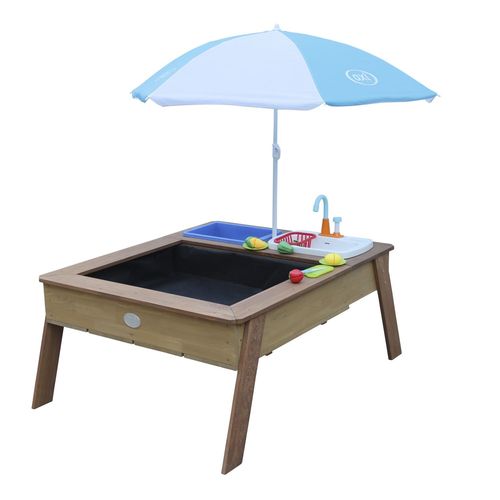 Axi Linda Table Sable Et Eau Avec Cuisine Et Evier Marron Parasol Bleu Blanc