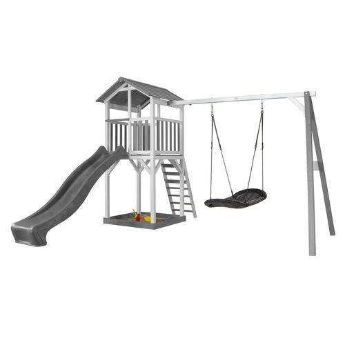 Axi Structure De Jeu Beach Tower Blanc Gris Avec 1 Balancoire Nid Ovale Roxy Et Toboggan Gris