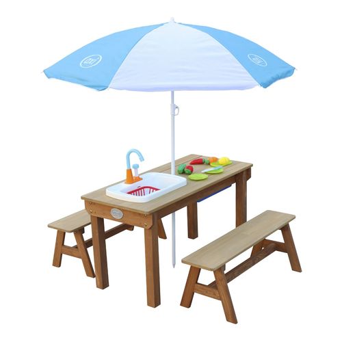 Axi Dennis Table Sable Et Eau Picnic Avec Cuisine Evier Et Banc Marron Parasol Bleu Blanc