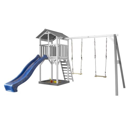 Axi Structure De Jeu Beach Tower Gris Blanc Avec 2 Balancoires Et Toboggan Bleu