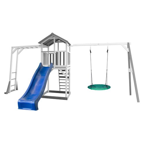 Axi Structure De Jeu Beach Tower Gris Blanc Cadre Escalade Balancoire Nid Summer Et Toboggan Bleu