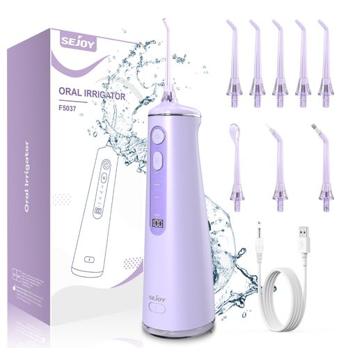 Hydropulseur Jet Dentaire Sans Fil Rechargeable Sejoy, Irrigateur Oral Electrique Portable 300ml Ipx7 Étanche 4 Modes/8 Buses - Violet