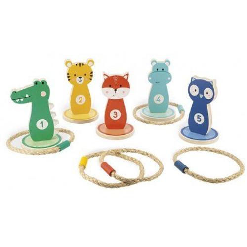 Jeu De Lancer D'anneaux En Bois Enfant, 5 Animaux Rigolos - Interieur, Plein Air, Jardin - Motricite, Adresse - Set Activite Famille + Carte