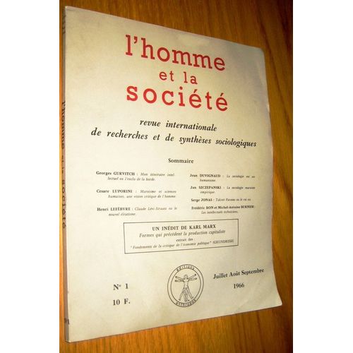L'homme Et La Société .Revue Internationale De Recherches Et De Synthèses Sociologiques.Numéro 1 : Juillet-Aôut-Septembre  1966