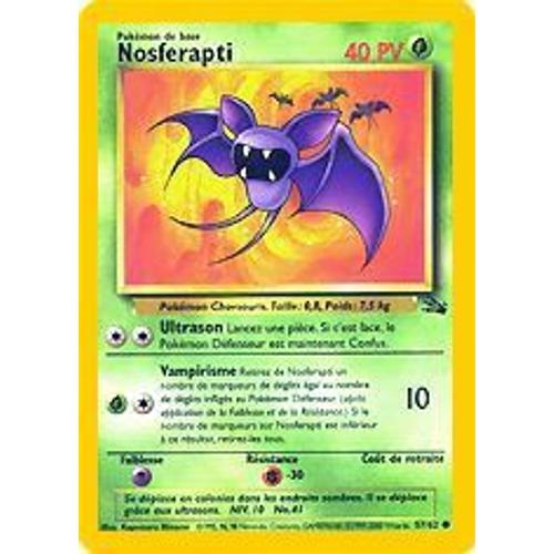 Carte Pokemon  - N°57 / 62 - Nosferapti - Carte Fossile - Série 2 - 1995-1999