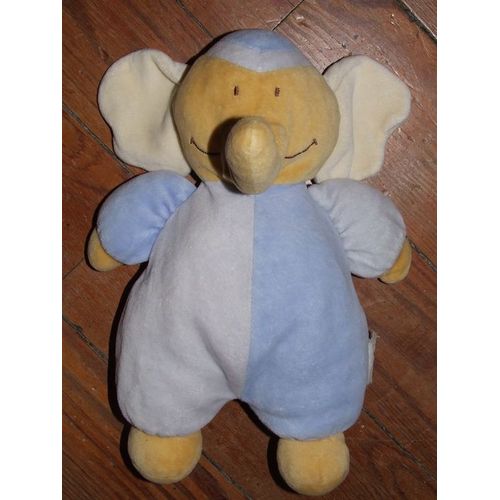 Elephant Bengy Doudou Bleu Beige Peluche 28 Cms