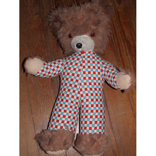 Ours Ancien Vintage A Carreaux Damier Rouge Bleu Doudou Peluche Nounours 55 Cms