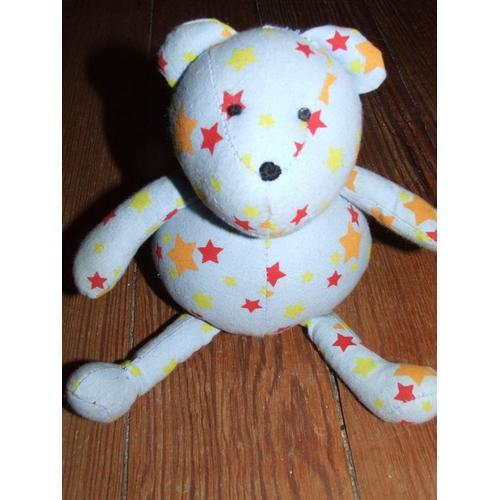 Ours Vert Baudet Doudou Bleu Etoiles Rouge Orange Jaune Peluche 22 Cms