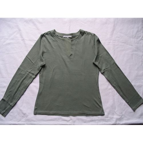 T-Shirt Promod , Col V , Vert, Manches Longues
