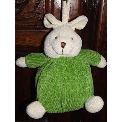 Lapin Boule Tricot Gerca Doudou Beige Vert Peluche 22 Cms + Oreille De 5 Cms