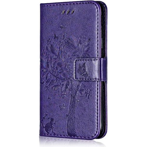 Conber Coque Pour Sony Xperia 5, Etui En Cuir Pu Portefeuille, Antichoc Flip Case Housse Retro Emboss Serie De Chat Et Darbre Pour Sony Xperia 5 - Violet