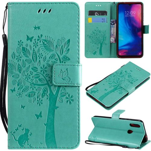 Coque Pour Xiaomi Redmi Note 7 Pro, Conber Etui En Cuir Pu Portefeuille, Antichoc Flip Case Housse Retro Emboss Serie De Chat Et Darbre Pour Xiaomi Redmi Note 7 Pro - Vert