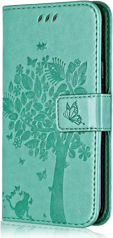 Coque Pour Sony Xperia 5, Conber Etui En Cuir Pu Portefeuille, Antichoc Flip Case Housse Retro Emboss Serie De Chat Et Darbre Pour Sony Xperia 5 - Vert