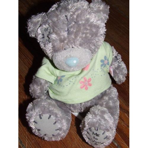 Ours Ourson Me To You Carte Blanche Doudou Gris Pull Vert Fleurs Rose Et Bleu Peluche De 20 Cms Messager D'amour