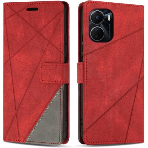 Etui Coque Pour Vivo Y16, Protection Housse En Cuir Pu Portefeuille Livre Pour Vivo Y16, Emplacements Cartes, Fonction Support, Rouge