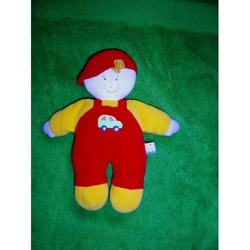 Sucre D'orge Doudou Bonhomme Mécanicien 25 Cm Velours Rouge Et Jaune