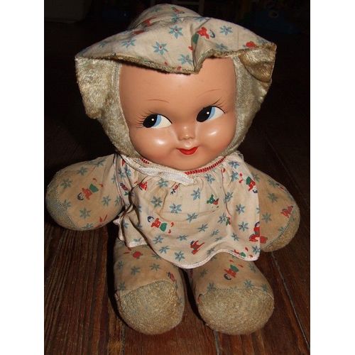 Ancienne Poupee Doudou Vintage Chiffon Interieur Paille Peinte A La Main 32 Cms Assise