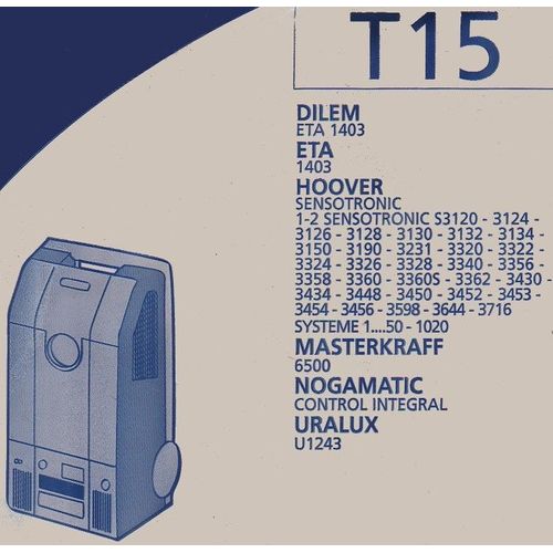 Menalux T 15 - lot de  5 Sac aspirateur  pour RILEM ETA 1403 - ETA 1403, HOOVER SENSOTRONIC,  MASTERKRAFF 6500, URALEX U1243 - NOGAMATIC CONTROL INTEGRAL