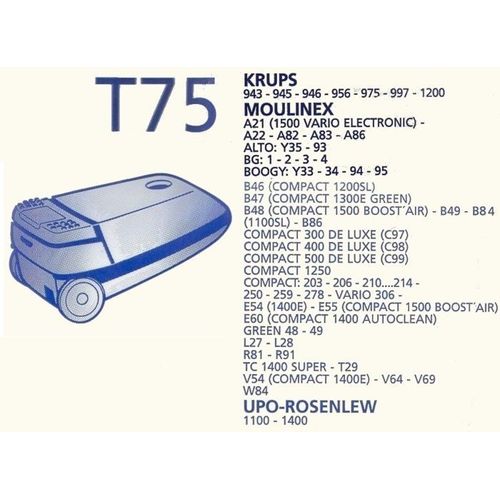 Menalux T 75 - lot de  10 Sacs aspirateur pour KRUPS 943 ... 1200 - MOULINEX ... - UPO-ROSENLEW 1100 -1400