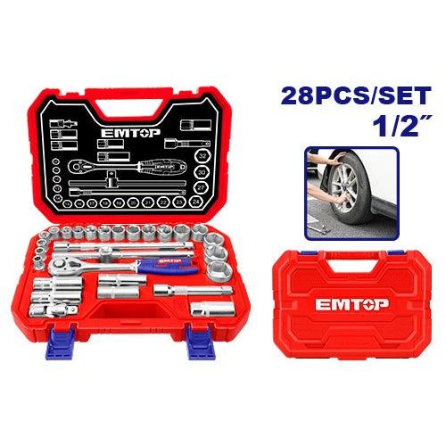 Coffret Jeu De 28 Douilles 1/2 Emtop Acier Cr-v De Haute Qualité Traité Thermiquement Avec Une Boite Bmc