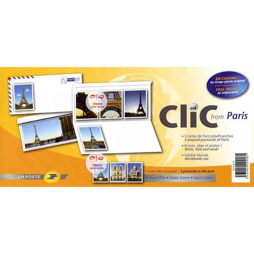 Prêt À Poster Clic From Paris - 3 Cartes Préaffranchies : Tour Eiffel, Notre Dame, Sacré Coeur