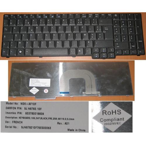 Clavier Azerty Français pour ACER ASPIRE 9813, Model NSK-AF10F REV A01, Darfon P/N: 9J.N8782.10F, Inventec P/N: 6037B0018608 - Noir