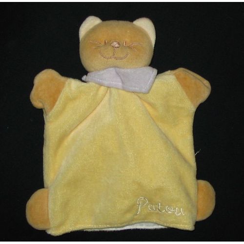 Chat Doudou Patou Jaune Et Foulard Mauve Marionnette Amtoys Bengy