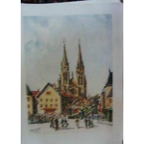 Province Du Bourbonnais 1947 Aquarelle Pierre Poncet Moulins Place D' Allier