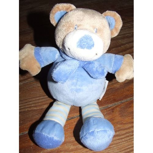 Ours Grain De Blé Doudou Peluche Zannier Bleu Beige Rayé De 23 Cms