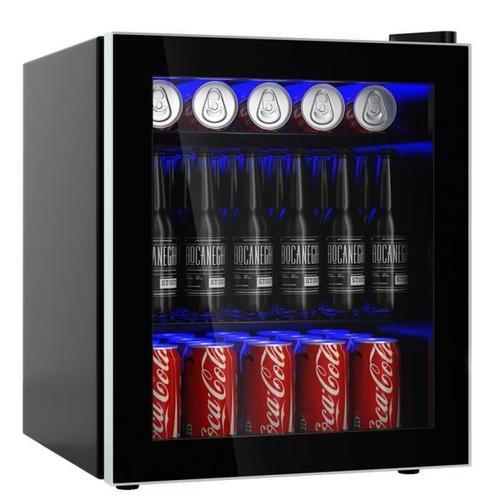 COSTWAY Réfrigérateur à Boissons 46L 60 Canettes-Porte en Verre-Étagères Amovible-Thermostat Ajustable-Lumière LED Bleue-Sodas,Bière