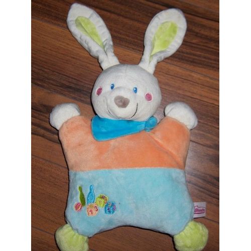 Doudou Lapin Semi Plat Orange Et Bleu