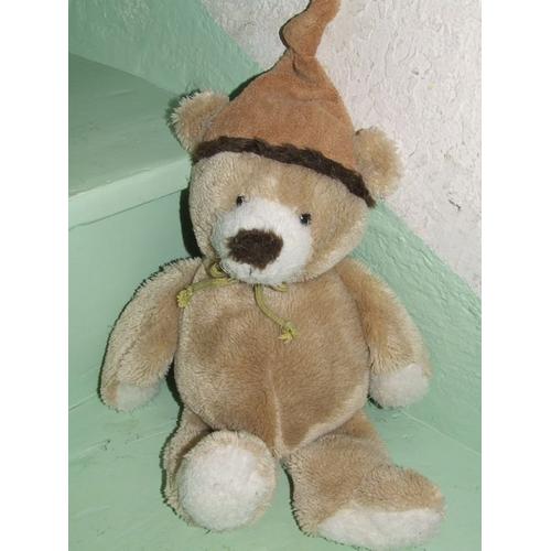 Ours Jours Heureux Creaprim Doudou Peluche Marron Beige Bonnet De 40 Cms + Bonnet 16 Cms