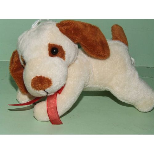 Chien Techno Diffusion Doudou Peluche Beige Marron Noeud Rouge 16 Cms