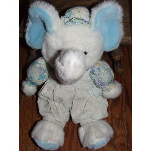 Elephant Gipsy Doudou Peluche Blanc Bleu Salopette Chemise À Fleurs Fleur Violet Mauve 37 Cms