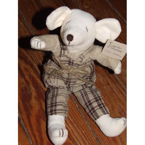 Souris Jardin D Ulysse Doudou Peluche Blanc Habillé 25 Cms + Oreilles De 4 Cms