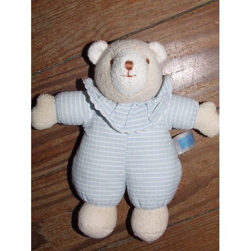 Doudou Ours Trousselier Beige Bleu Rayé Blanc Grelot Peluche De 19 Cms