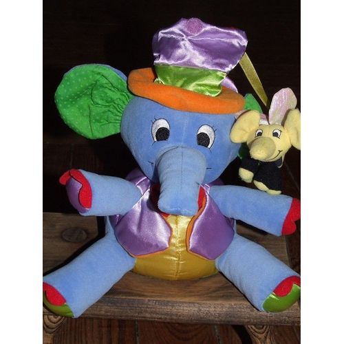 Elephant Disney Doudou D' Activite Multicolore Et Son Bébé Dans Le Chapeau Grelot  Bleu Mauve Violet Orange Vert Rouge Jaune Peluche De 30 Cms Assis