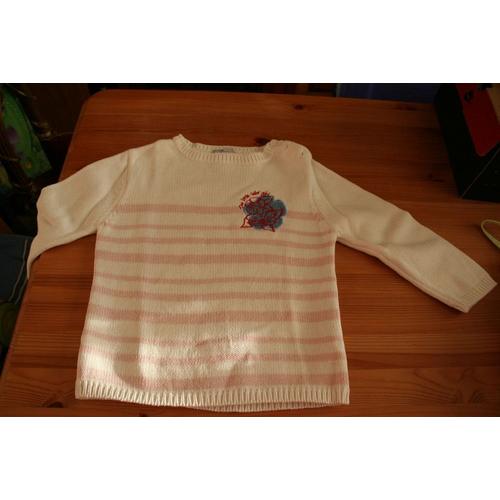 Pull Tout Compte Fait  Blanc A Rayure Rose 24 Mois