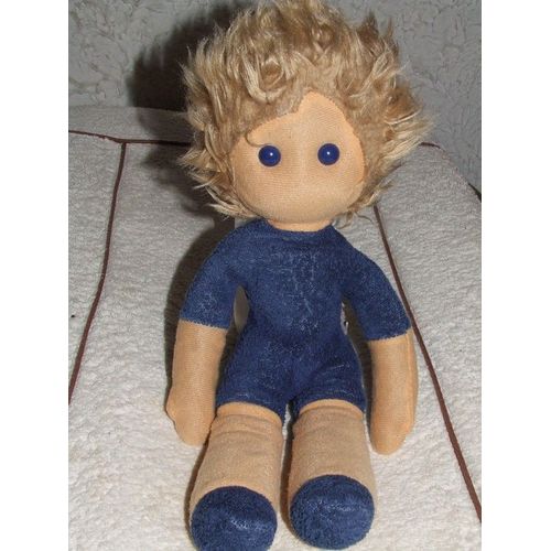 Poupee Doudou Boulgom Tissus Chiffon Ancien Vintage Peche Bleu Marine Peluche 40 Cms