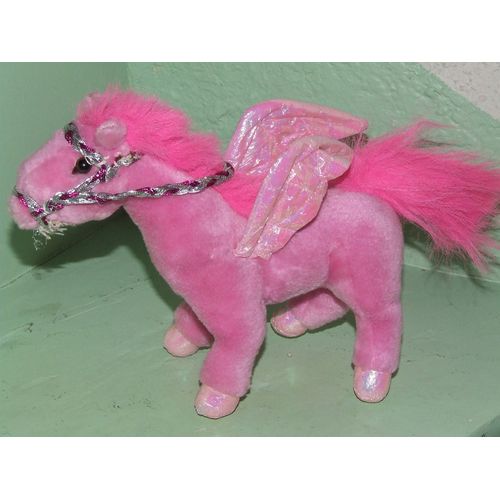 Peluche Cheval Ailé Rose Ailes Brillantes 21 Cms + Queue De 10 Cms