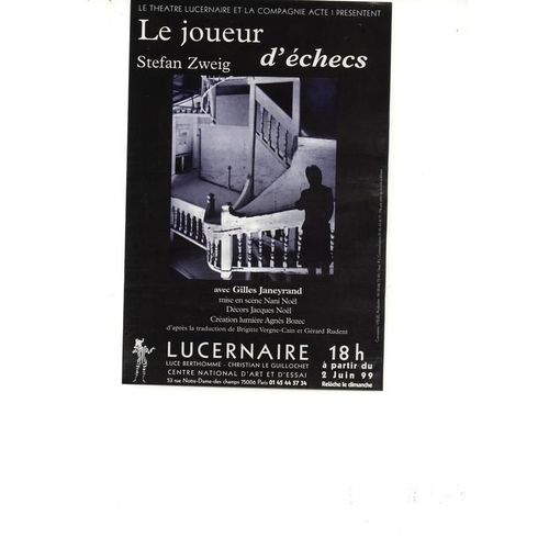 Affiche Du Spectacle De Juin 1999 "Le Joueur D'echecs " De Stephane Zweig - 60 X 40 Cm