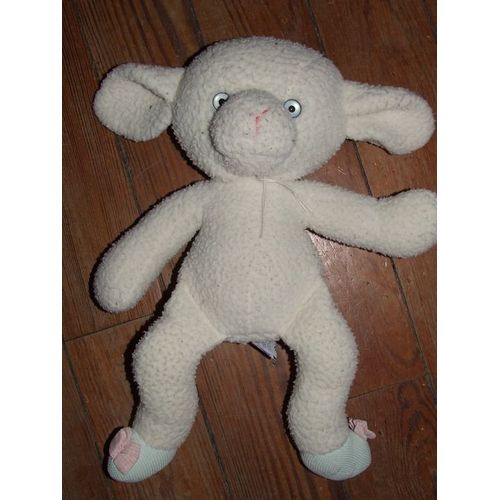Mouton Doudou Nounours Agneau Blanc Creme Pied Bleu Noeud Vichy Rose Peluche De 38 Cms
