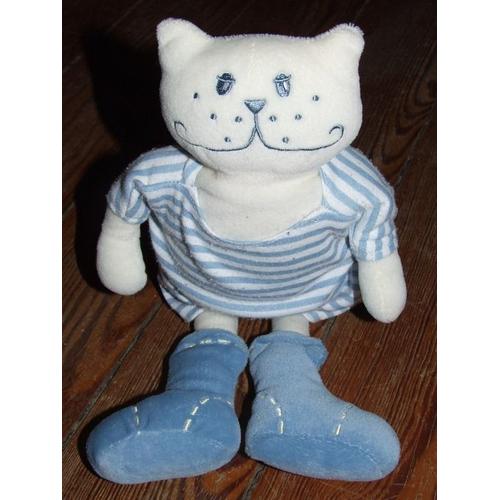 Chat Doudou Difrax Blanc Creme Pyjama Rayé Bleu Peluche De 30 Cms