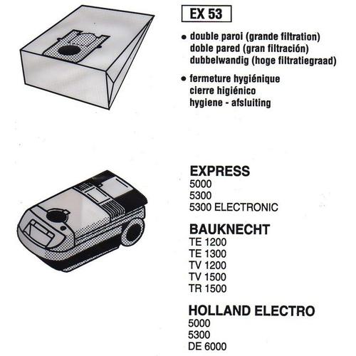 Lot de 10 sacs aspirateur 2210 - EX 53 - Pour Express 5000 5300, Bauknecht TE TV TR 1200 1300 1500,  Holland Electro 5000 - 5300 -  DE 6000