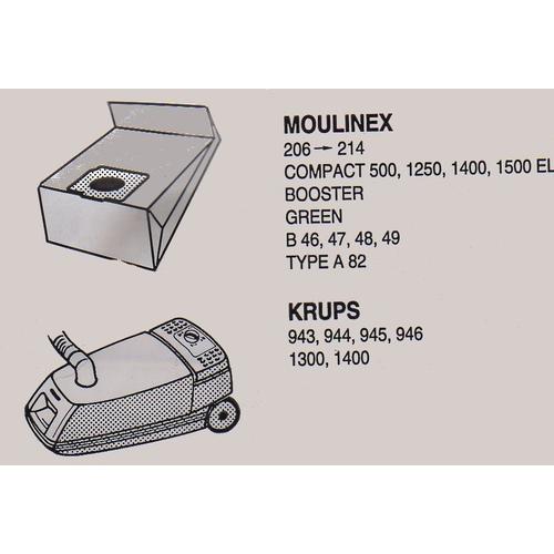 Lot de 10 sacs aspirateur Moulinex 3208 - MO14 Pour Moulinex 206 à 214, Compact, Booster, Green, B 46, 47, 48, 49 Type A 82 - Krups 943, 844, 945, 946, 1300, 1400