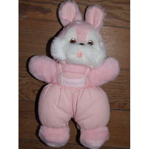 Lapin Doudou Nounours Peluche Rose Blanc Nid D' Abeille Grelot 28 Cms + Oreilles 6 Cms