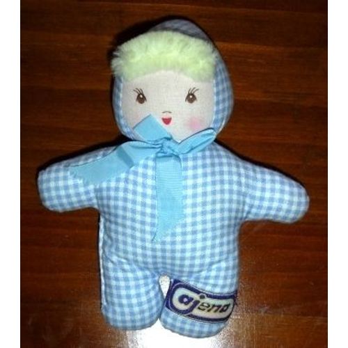 Doudou Poupée En Tissu Bleu Vichy Grelots Ruban Satin Bleu, Cheveux Jaunes - 20 Cm