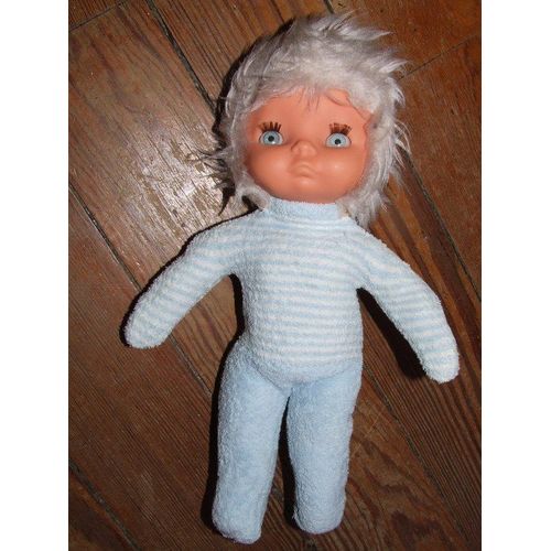 Poupee Doudou Ancien Vintage Chiffon Tissu Tiges Metal Rayé Bleu 30 Cms